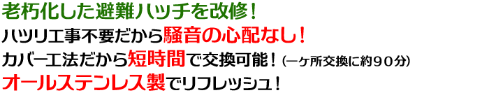 老朽化した避難ハッチを改修！ハツリ工事不要だから騒音の心配なし！カバー工法だから短時間で交換可能！（一ヶ所交換に約90分）オールステンレス製でリフレッシュ！